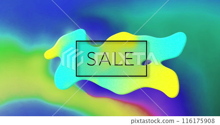 Image of sale text in black over yellow and blue globule over green and blue smoke 116175908
