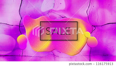 Image of sale text in black over yellow globule on purple liquid background 116175913