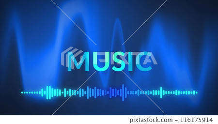 Image of music text and frequency meter over blue soundwaves on black background 116175914