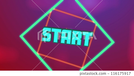 Image of start text in blue with spinning squares on blurred red and purple background Image of start text in blue with spinning squares on blurred red and purple background 116175917