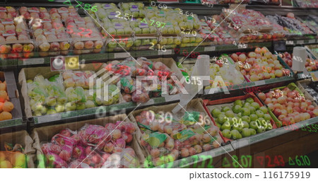 Image of numbers changing and moving over fresh fruits in crates arranged in supermarket 116175919