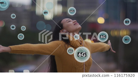 Image of 5g and 6g texts over biracial woman listening to music while enjoying breeze 116175920