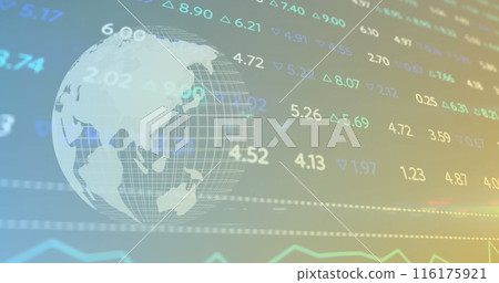 Image of changing numbers with graphs and globe moving on abstract background Image of changing numbers with graphs and globe moving on abstract background 116175921