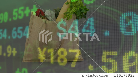 Image of numbers with dollar signs over shopping bag with fresh vegetables Image of numbers with dollar signs over shopping bag with fresh vegetables 116175922