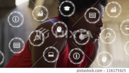 Image of multiple icons over tired african american male athlete wiping sweat Image of multiple icons over tired african american male athlete wiping sweat 116175925