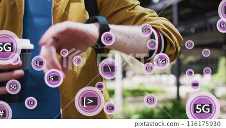 Image of 5g text over midsection of caucasian man drinking coffee and while checking smartwatch Image of 5g text over midsection of caucasian man drinking coffee and while checking smartwatch 116175930