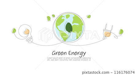 Light Bulb and Green Earth. Continuous line art drawing. Sustainable of Green Energy concept concept.  Line art vector illustration. 116176074