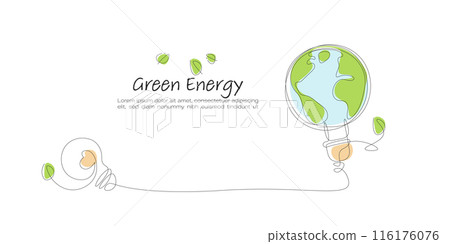 Light Bulb and Green Earth. Continuous line art drawing. Sustainable of Green Energy concept concept.  Line art vector illustration. 116176076