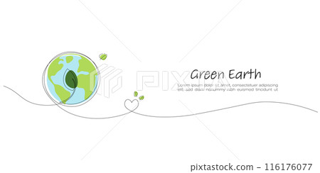 Earth. Continuous line art drawing. Green leaf on the earth. Ecology and Environment concept.  Line art vector illustration. 116176077