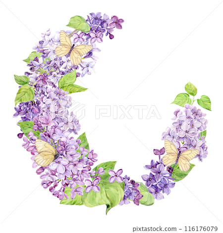 Lilac wreath. Watercolor frame of spring flowers with white butterflies. Wedding invitation template with place for text. Decor in boho style. Save the date illustration on a isolated background. Lilac wreath. Watercolor frame of spring flowers with white butterflies. Wedding invitation template with place for text. Decor in boho style. Save the date illustration on a isolated background. 116176079