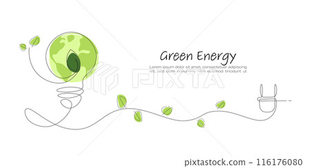 Light Bulb. Continuous line art drawing. Green leaf in the lightbulb with the earth. Ecology and Environment concept.  Line art vector illustration. 116176080