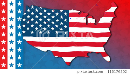 Map of USA, painted with American flag colors, sitting on red and blue background 116176202