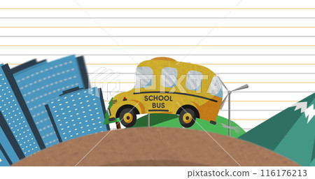 Yellow bus and blue books sitting in front of city and mountain backdrop Yellow bus and blue books sitting in front of city and mountain backdrop 116176213
