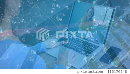 Image of network of connections with bitcoin icons over woman on laptop image call 116176248