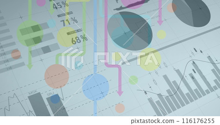 Image of statistics and data processing over colorful shapes on white 116176255