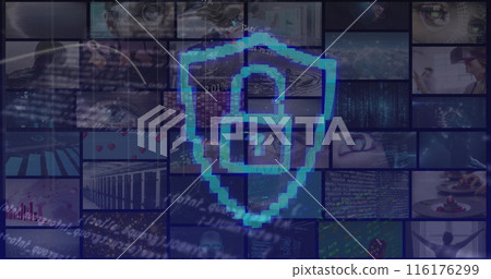 Image of online security padlock and data processing on screens Image of online security padlock and data processing on screens 116176299
