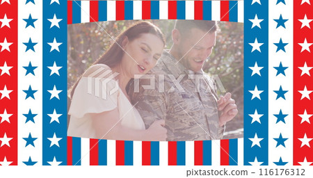 Image of flag of united states of america over happy soldier with wife 116176312