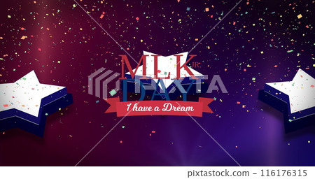 Confetti falling over martin luther king jr day text banner against star icons on purple background 116176315