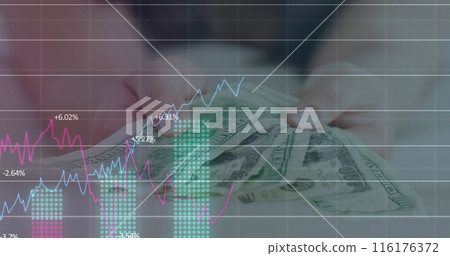 Image of financial data and graphs over hands of caucasian woman holding money, 116176372