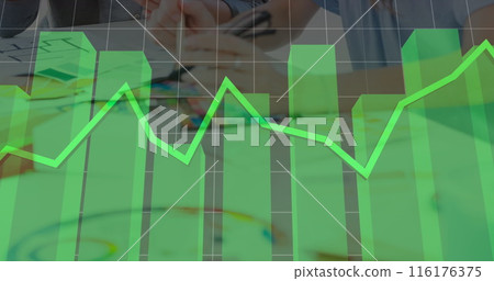 Image of financial data and graphs over hands of caucasian girl drawing Image of financial data and graphs over hands of caucasian girl drawing 116176375
