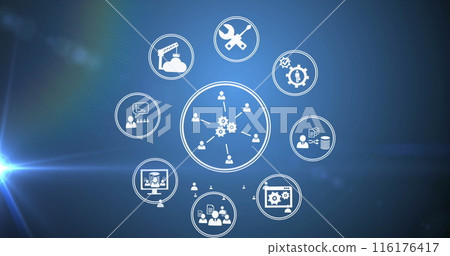 Image of business icons over blue background Image of business icons over blue background 116176417
