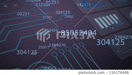 Image of numbers changing over integrated circuit on black background Image of numbers changing over integrated circuit on black background 116176486