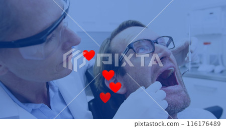 Image of hearts over caucasian female dentist treating caucasian man 116176489