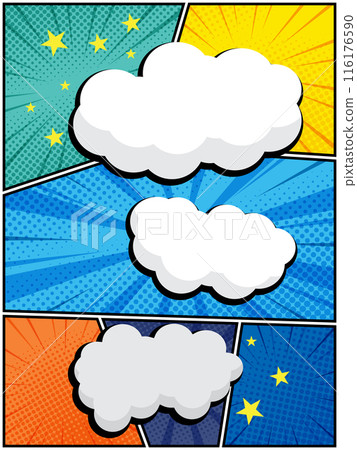 comic speech bubbles in white clouds on a vibrant pop art background 116176590