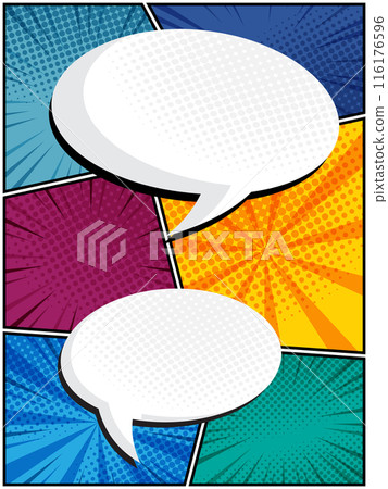 comic speech bubbles in white clouds on a vibrant pop art background 116176596