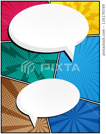 comic speech bubbles in white clouds on a vibrant pop art background comic speech bubbles in white clouds on a vibrant pop art background 116176599