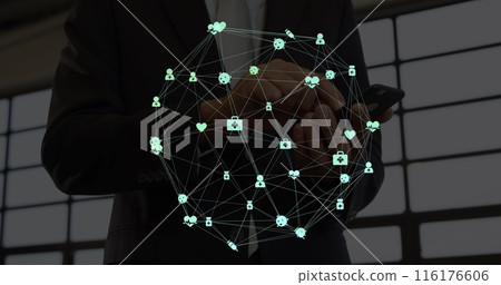 Image of network of connections over businessmen using smartphone 116176606