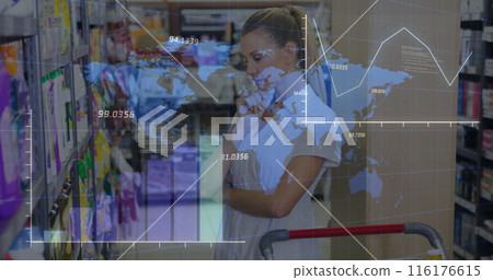 Image of data processing over world map against thoughtful caucasian woman at grocery store Image of data processing over world map against thoughtful caucasian woman at grocery store 116176615