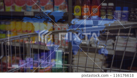 Image of financial data processing over businesswoman using vr headset 116176618