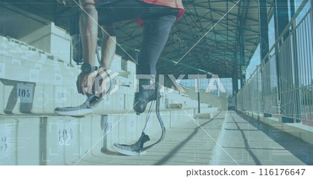 Data processing over african american male athlete with prosthetic leg tying shoe laces on stairs Data processing over african american male athlete with prosthetic leg tying shoe laces on stairs 116176647