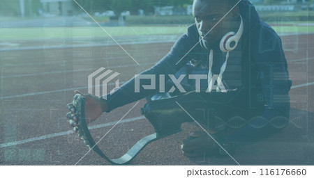 Image of digital interface over african american man with a physical disability running Image of digital interface over african american man with a physical disability running 116176660