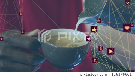 Image of network of connections over african american person making coffee Image of network of connections over african american person making coffee 116176661