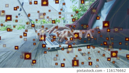 Image of network of connections with social media icons over caucasian senior woman using laptop Image of network of connections with social media icons over caucasian senior woman using laptop 116176662