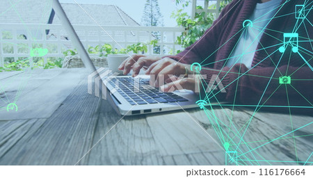 Image of network of connections with social media icons over caucasian senior woman using laptop 116176664
