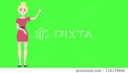 Image of illustration of caucasian woman talking and gesturing with copy space on green screen Image of illustration of caucasian woman talking and gesturing with copy space on green screen 116176666
