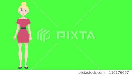 Image of illustration of caucasian woman talking and gesturing with copy space on green screen Image of illustration of caucasian woman talking and gesturing with copy space on green screen 116176667