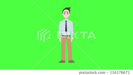Image of illustration of caucasian man talking and gesturing with copy space on green screen 116176671