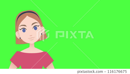 Image of illustration of caucasian woman talking and gesturing with copy space on green screen 116176675