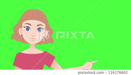 Image of illustration of caucasian woman talking and gesturing with copy space on green screen Image of illustration of caucasian woman talking and gesturing with copy space on green screen 116176691