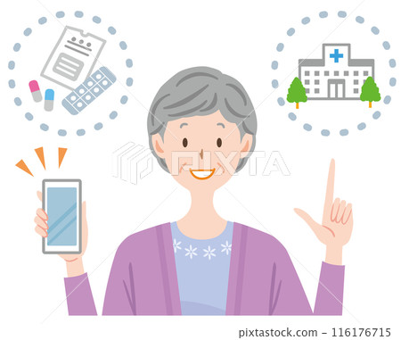 Remote medical treatment via smartphone, elderly woman getting prescription, hospital appointment, medical expenses, elderly 116176715