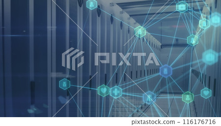Network of digital icons floating against computer server room 116176716