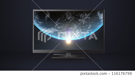 Image of modern tv with globe over black background Image of modern tv with globe over black background 116176799