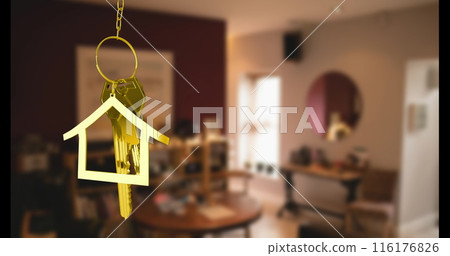 Image of golden key and house over house interior 116176826