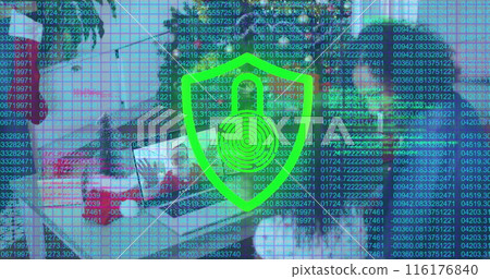 Image of globe and network of connections with world map over business people wearing phone headsets 116176840