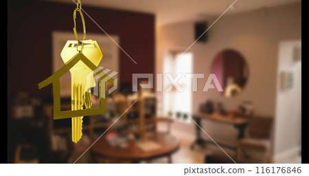 Image of golden key and house over house interior Image of golden key and house over house interior 116176846