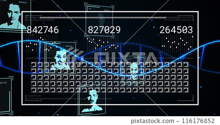 Image of dna moving over interface with moving squares, profile pictures and changing numbers 116176852